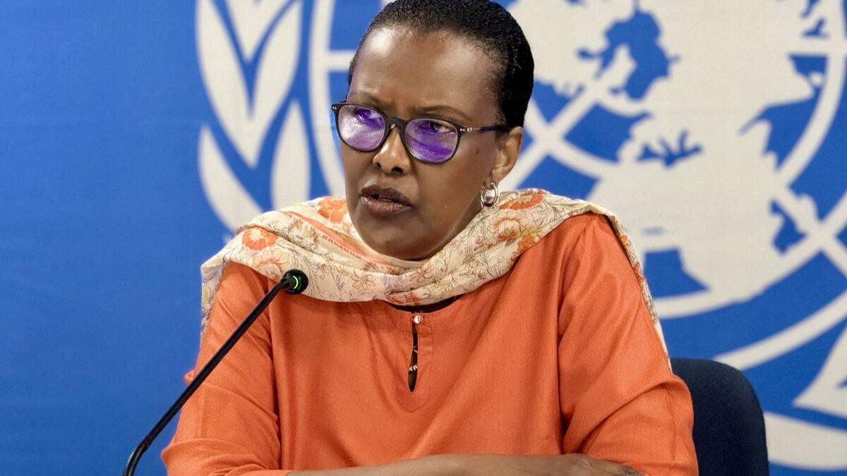 Valentine Rugwabiza s'exprime sur un podium de l'ONU.