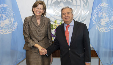 Secretary General Antonio Guterres meeting with Ms. Helen La Lime (Special Representative of the Secretary-General for Haiti and Head of the United Nations Mission for Justice Support in Haiti). 5th September 2018. © UN Photo/Eskinder Debebe