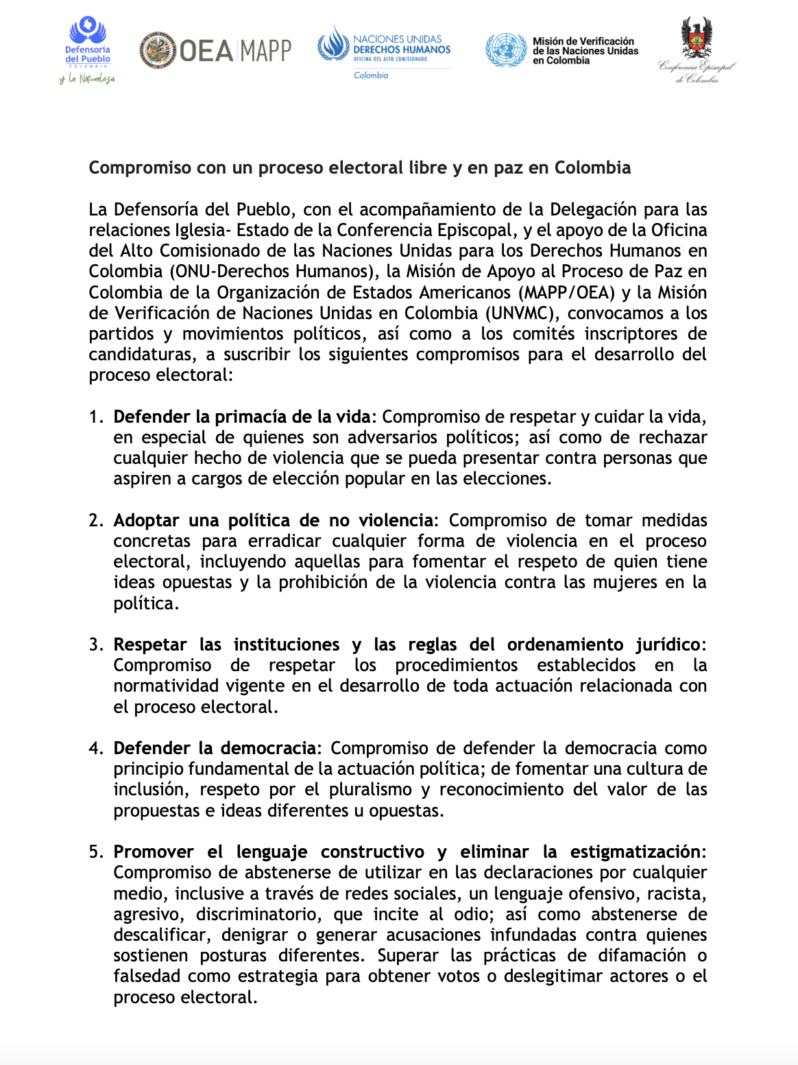 Compromiso con un proceso electoral libre y en paz en Colombia 