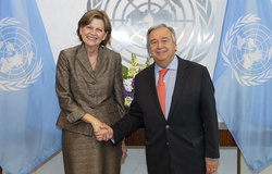 Secretary General Antonio Guterres meeting with Ms. Helen La Lime (Special Representative of the Secretary-General for Haiti and Head of the United Nations Mission for Justice Support in Haiti). 5th September 2018. © UN Photo/Eskinder Debebe